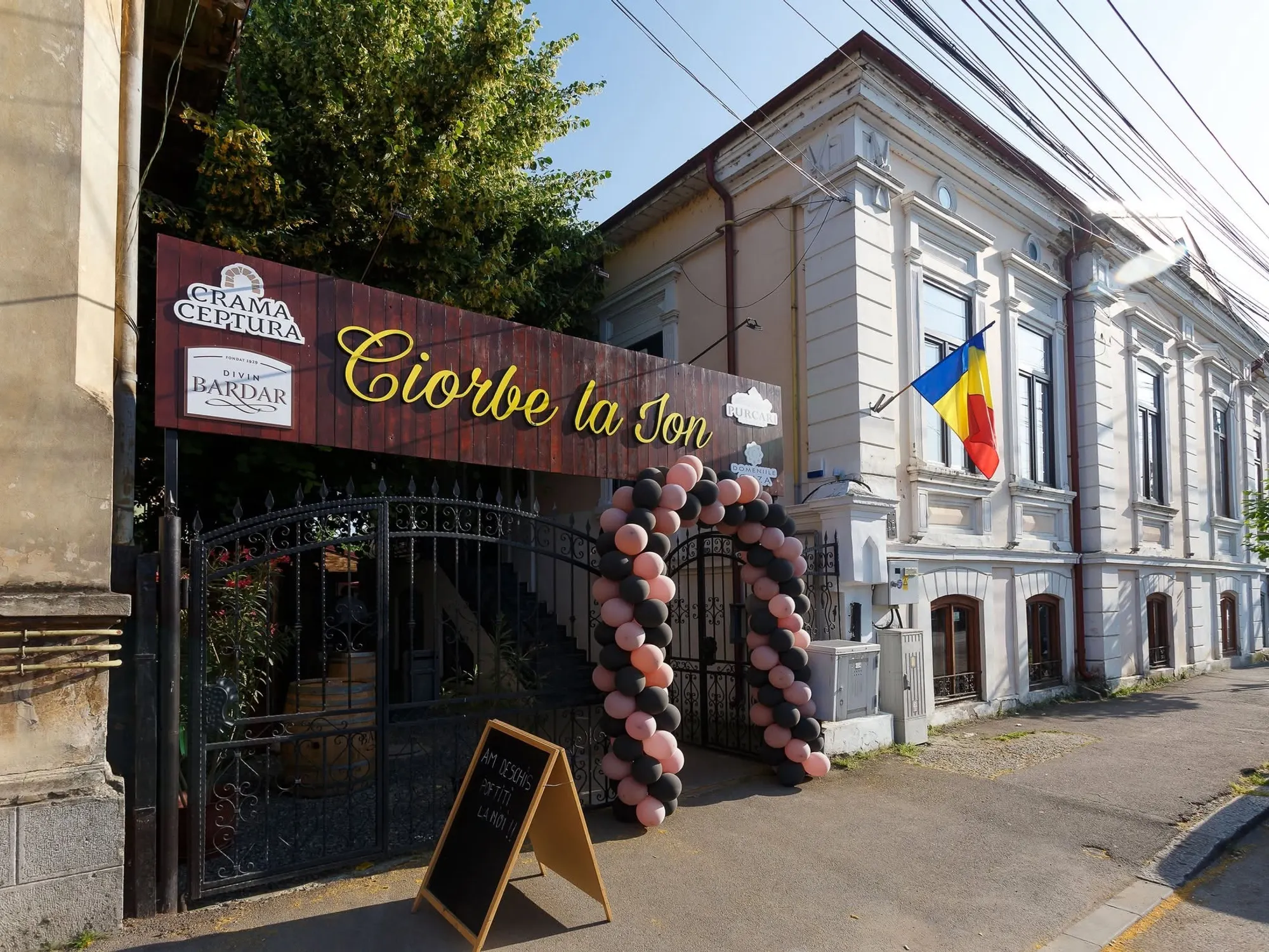 Intrarea dinspre stradă, cu firma Ciorbe la Ion deasupra porții de fier